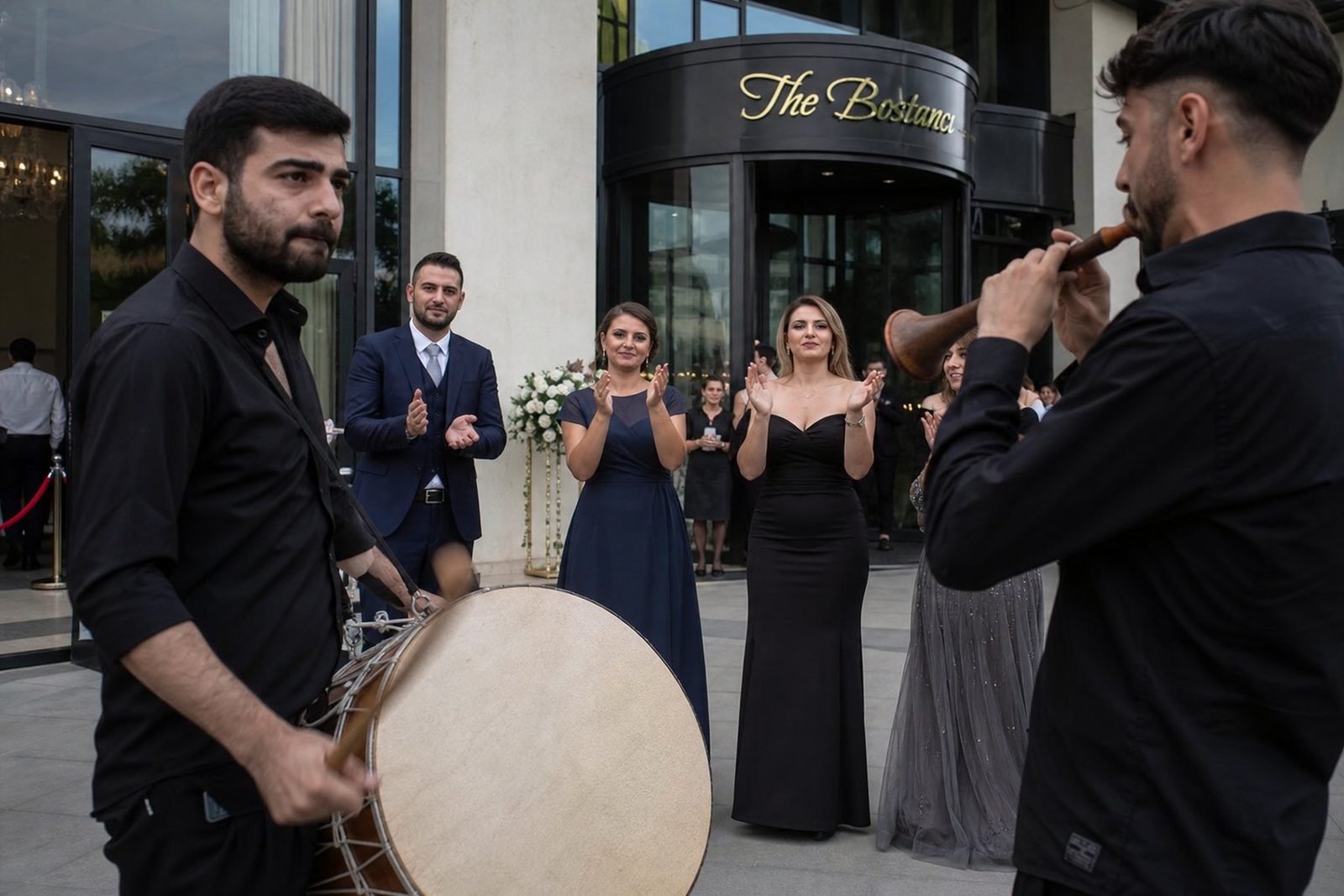 Düğün salonu önünde davul zurna karşılama