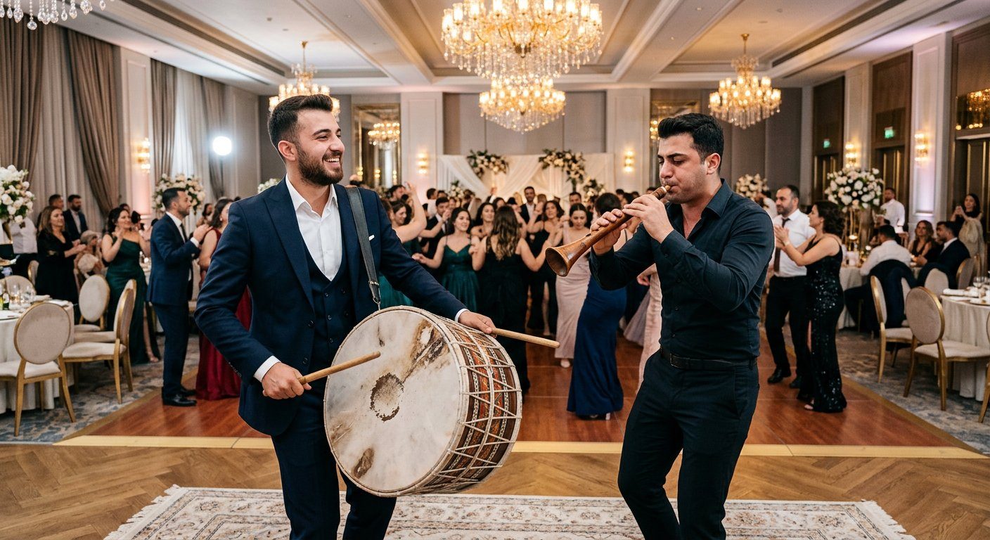 Düğün salonunda genç davul zurna ekibi