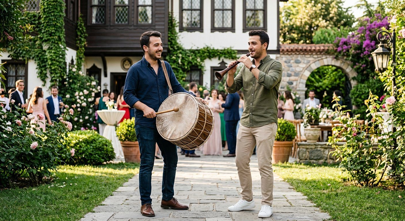 Tarihi konak bahçesinde davul zurna çalan ekip